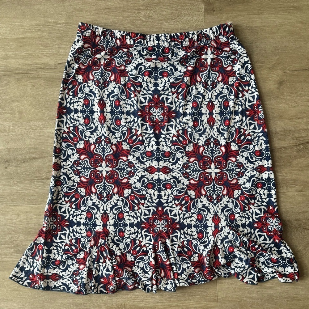 SJS Floral Midi Skirt Swirl Print SZ XL Blue Red White